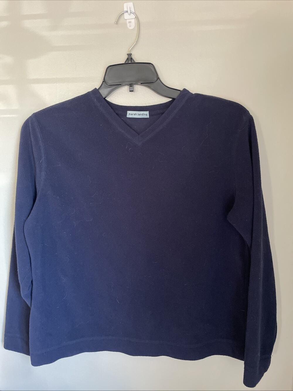 Vintage Marsh Landing Women's V-Neck Navy Blue Top Fleece Pullover Medium Y2K